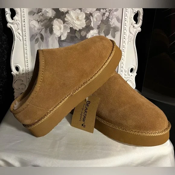 🤎BEARPAW WOMENS CAROLINE GENUINE SUEDE PLATFORM SHEARLING SLIPPERS/SLIDES-SZ 10🤎 - Picture 10 of 11